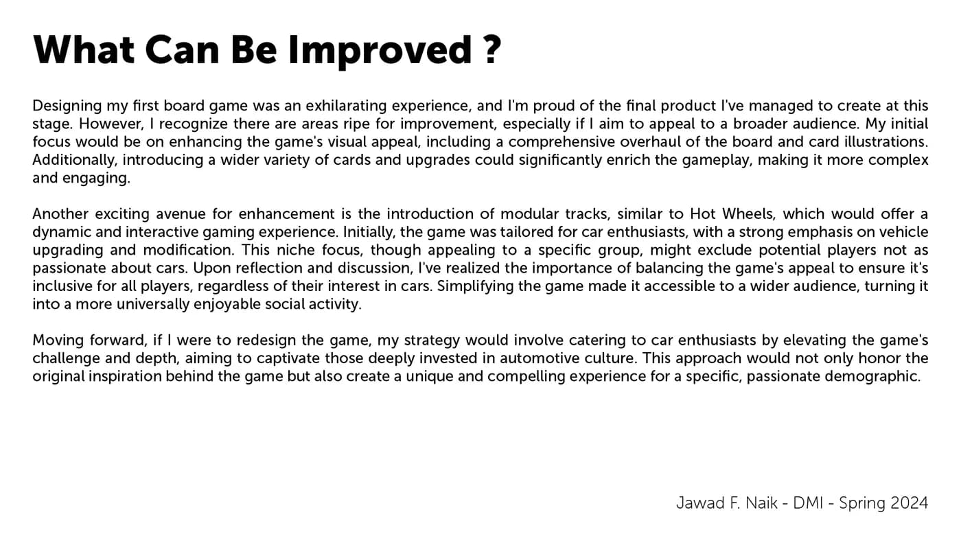Slide reflecting on what could be improved in the game