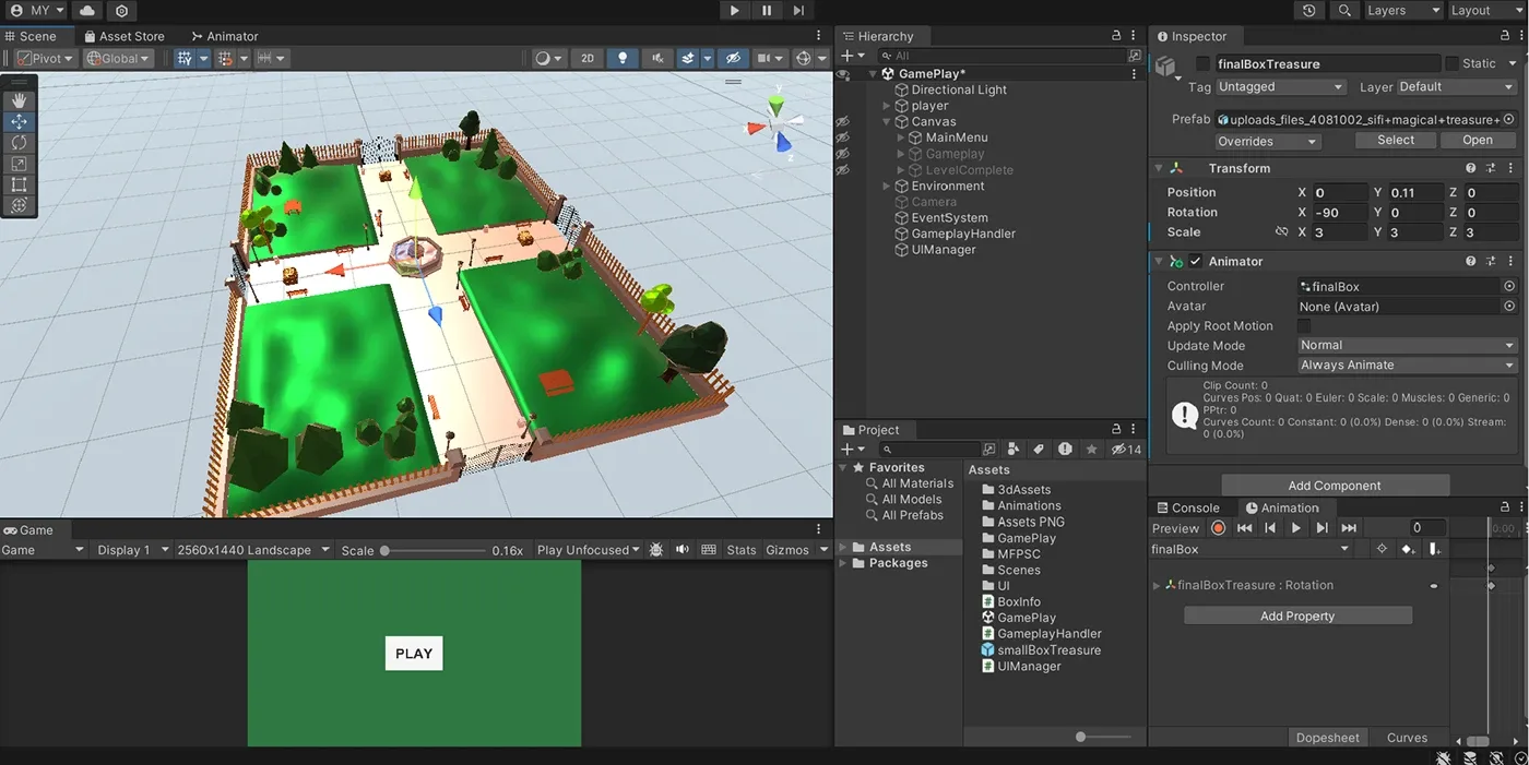 Unity editor showing the park scene layout and a green Play start screen
