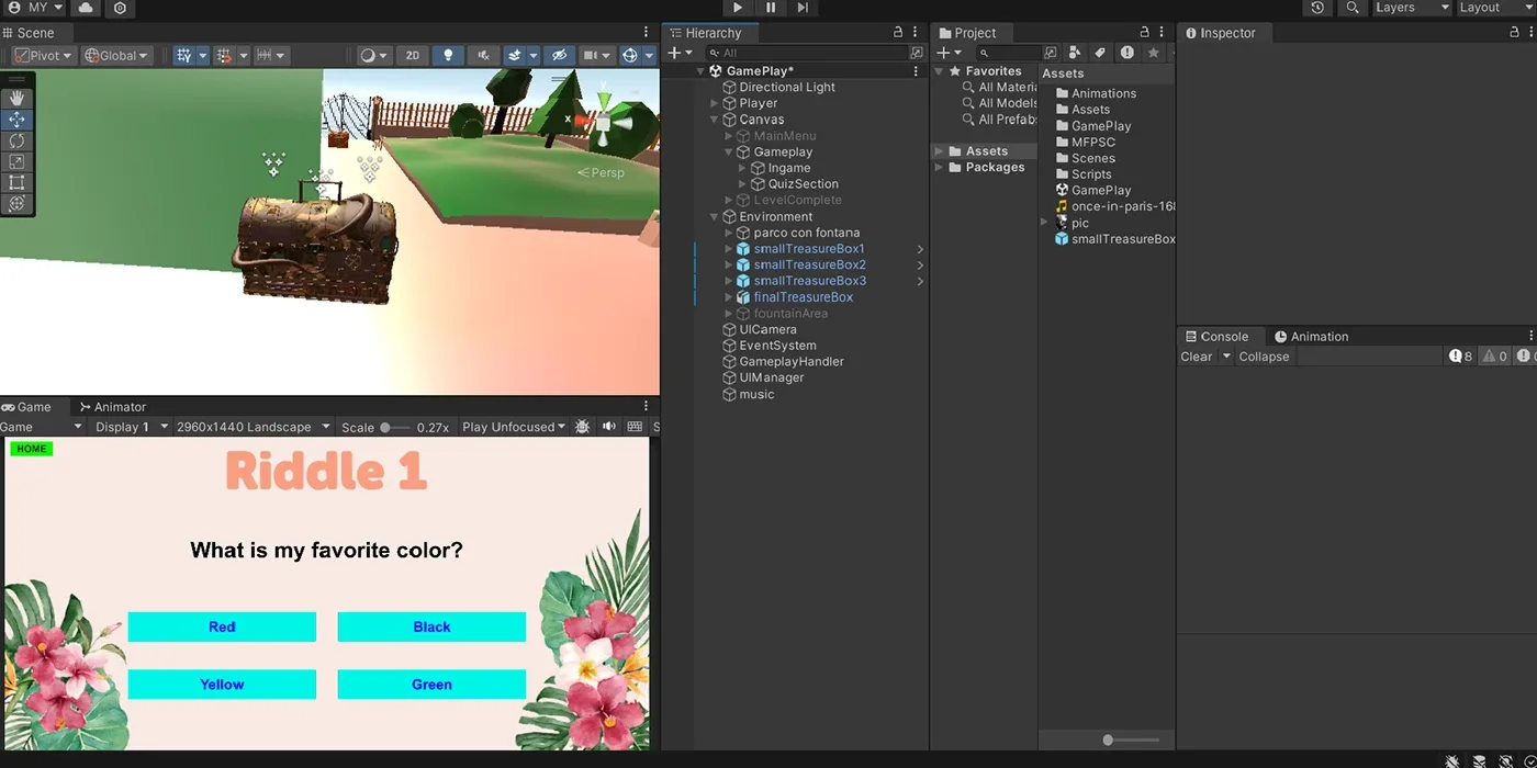 Unity editor with a treasure chest and the Riddle 1 question screen