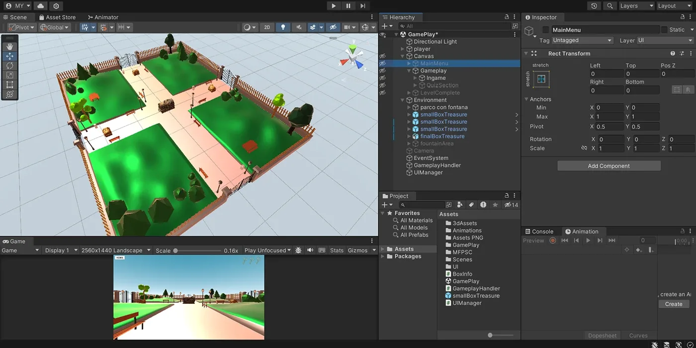 Unity editor showing the park environment and first-person game view