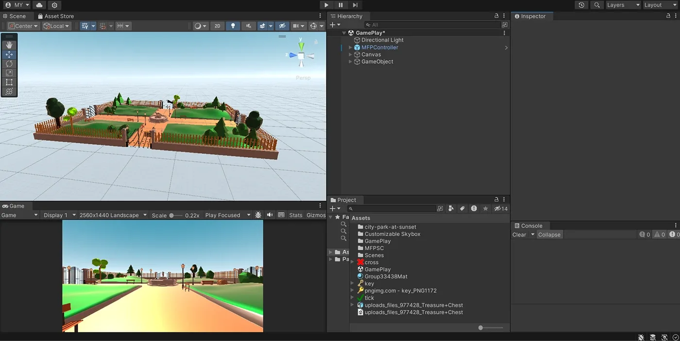 Unity editor with the park scene and a view down the central path