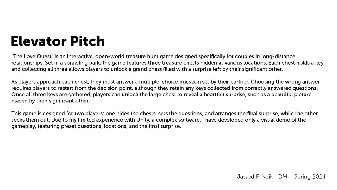 Elevator pitch slide explaining The Love Quest treasure hunt gameplay