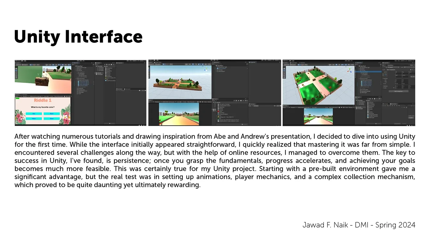 Slide on learning the Unity interface, with three editor screenshots