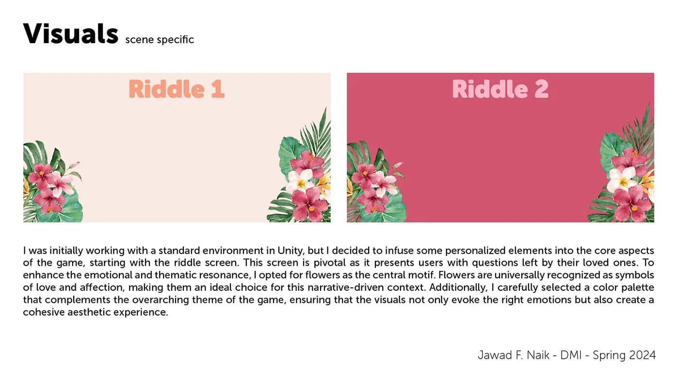 Riddle 1 and Riddle 2 screens framed by watercolor tropical flowers