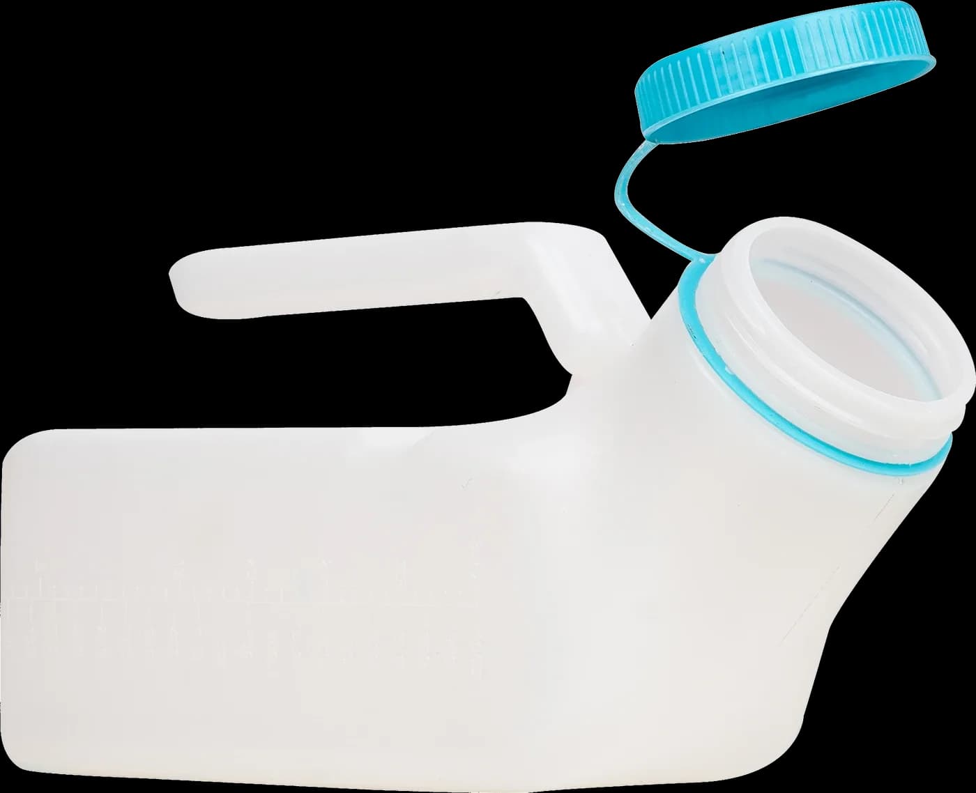 Urinal bottle with the blue screw cap open