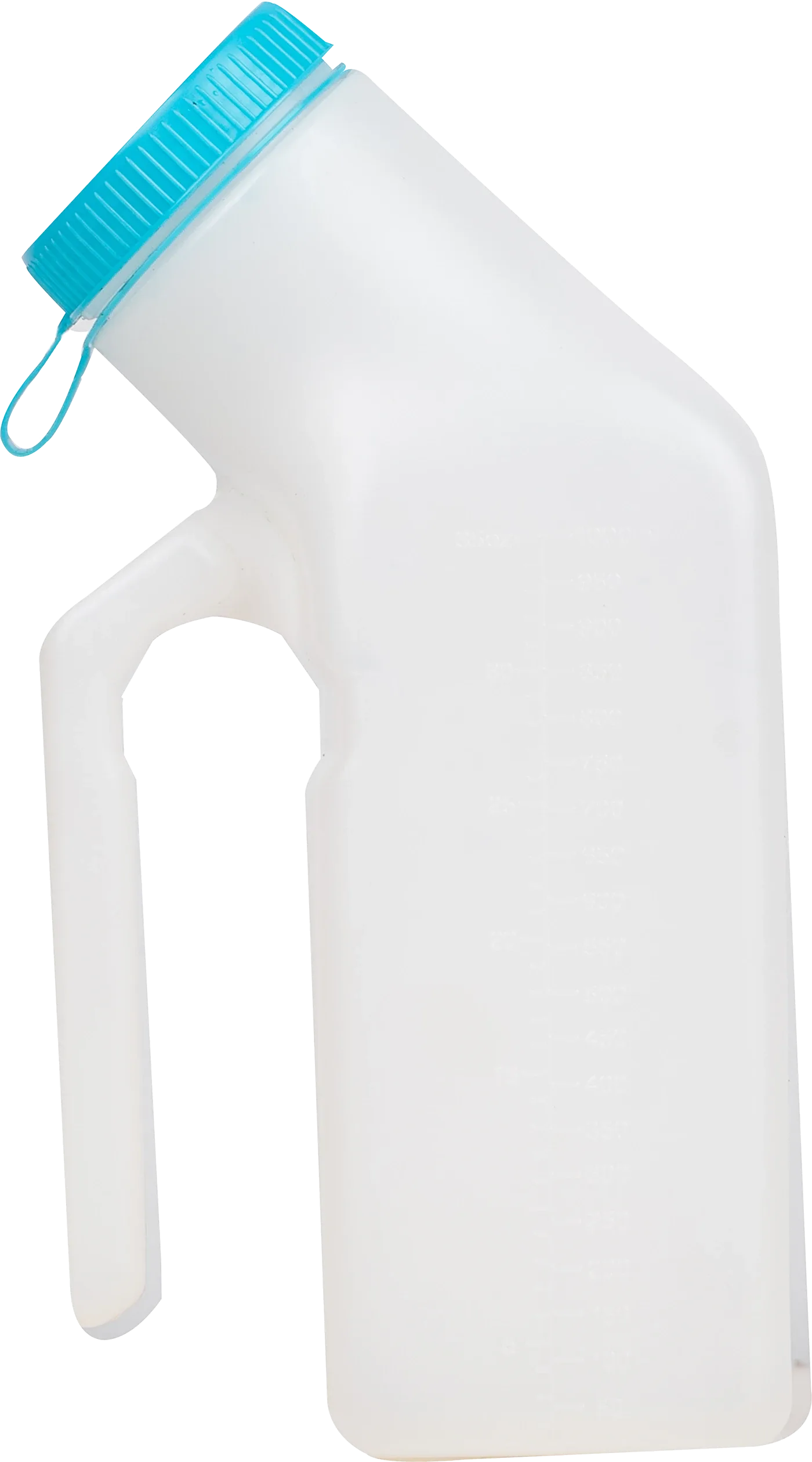 Upright urinal bottle with handle and blue cap