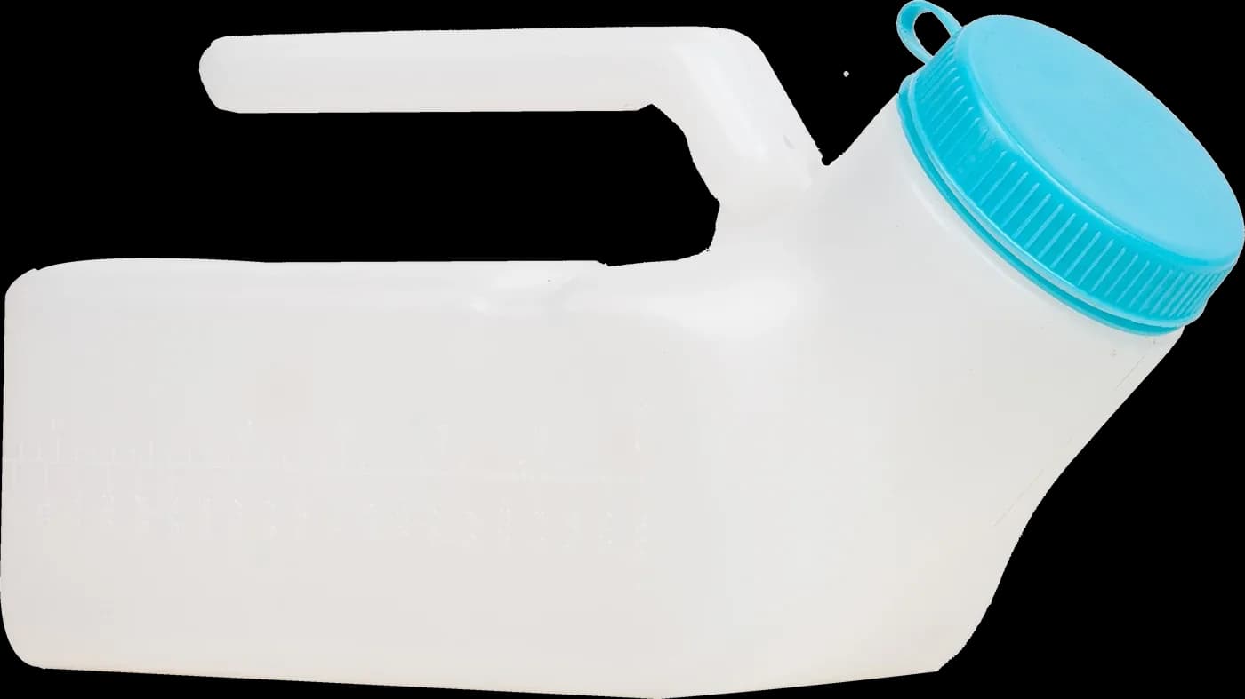 Urinal bottle lying flat with blue cap closed