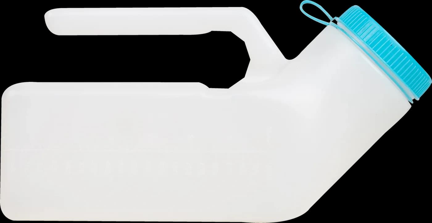 Urinal bottle lying flat with cap strap visible