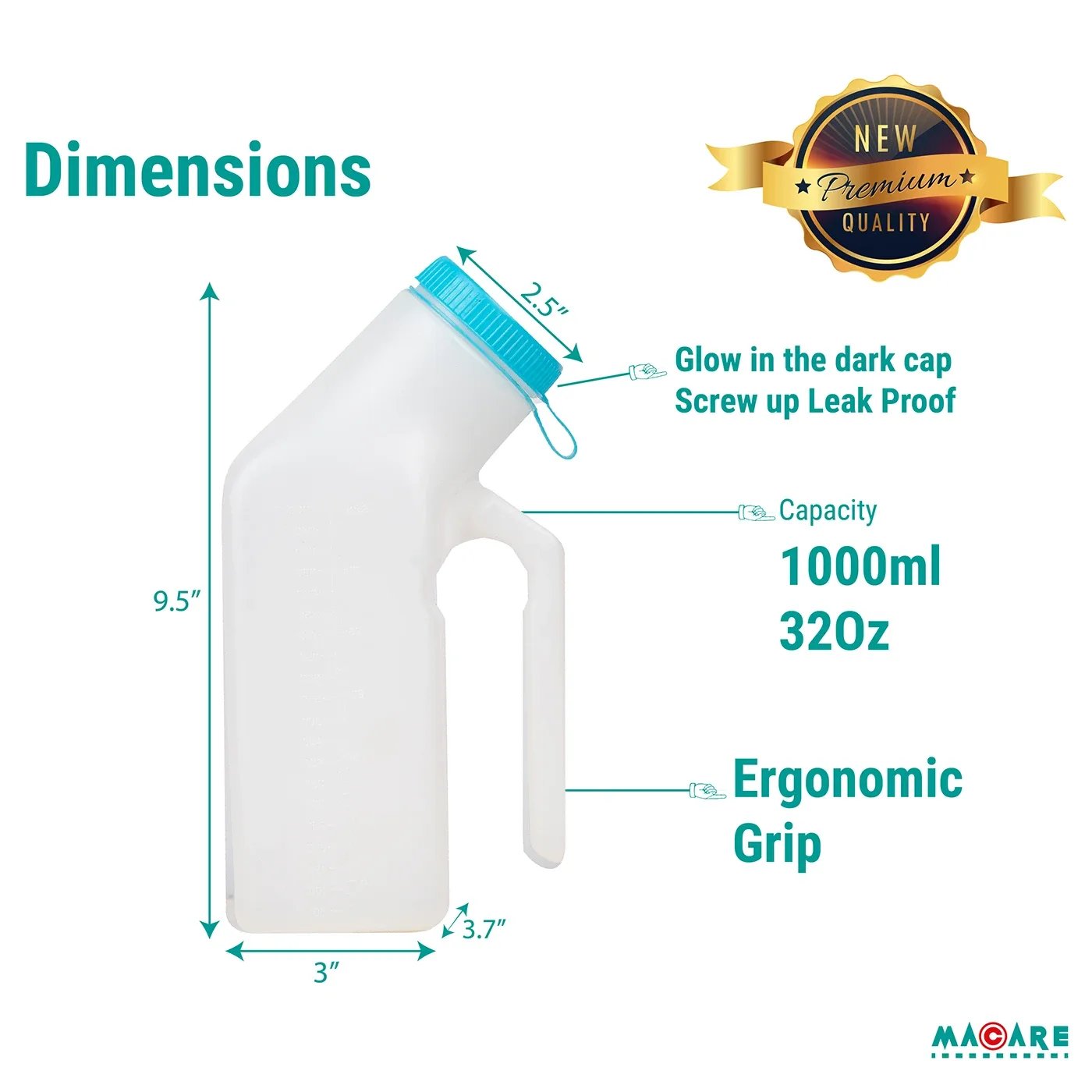 Dimensions infographic: 1000ml capacity, ergonomic grip, glow cap