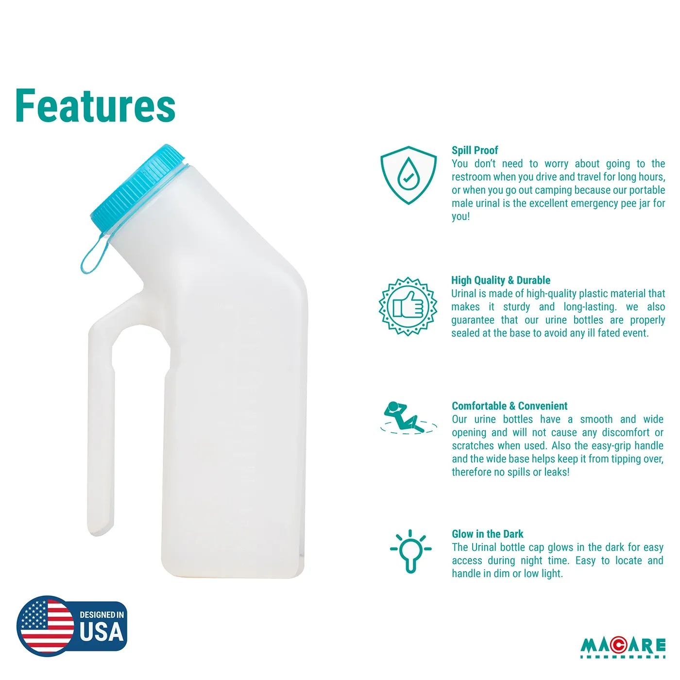 Features infographic: spill proof, durable, comfortable, glow in the dark