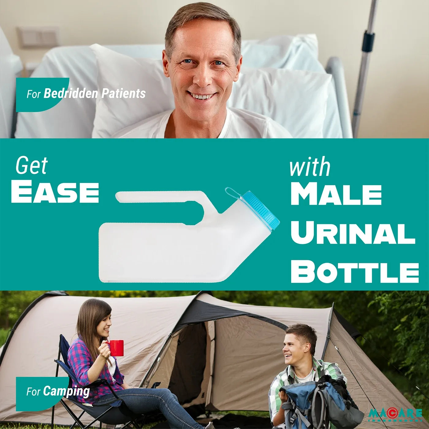 EBC banner: Get Ease with Male Urinal Bottle, for patients and camping