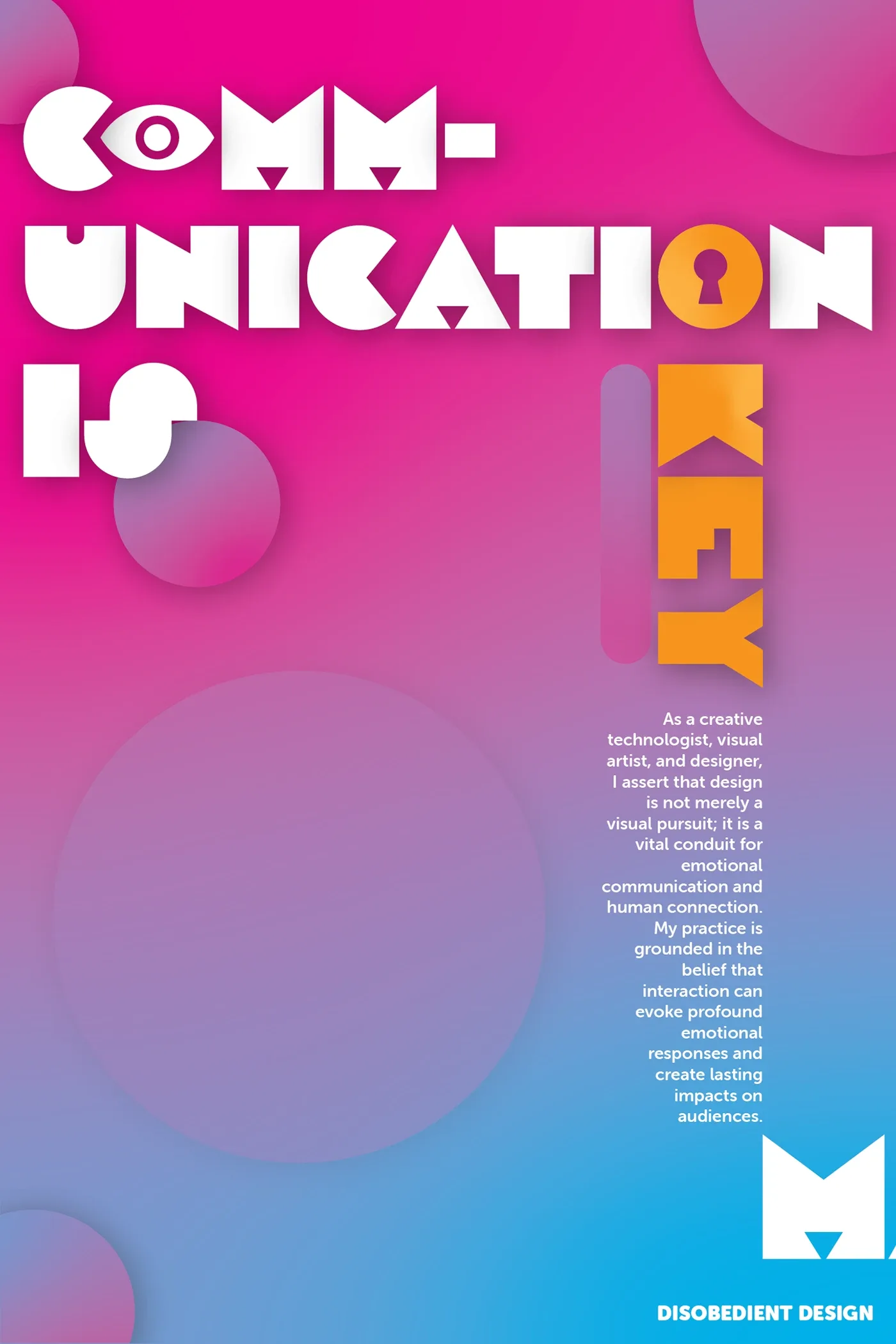 Pink gradient poster reading Communication Is Key with a keyhole O
