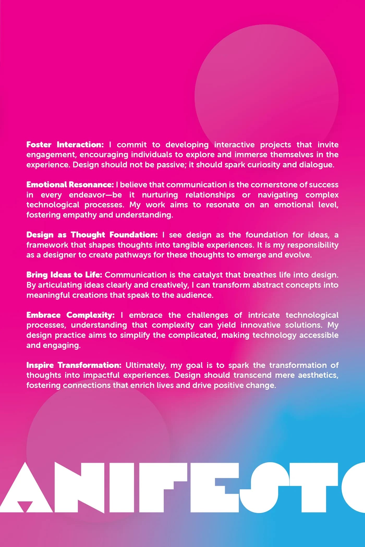 Poster listing the manifesto principles above large Manifesto type
