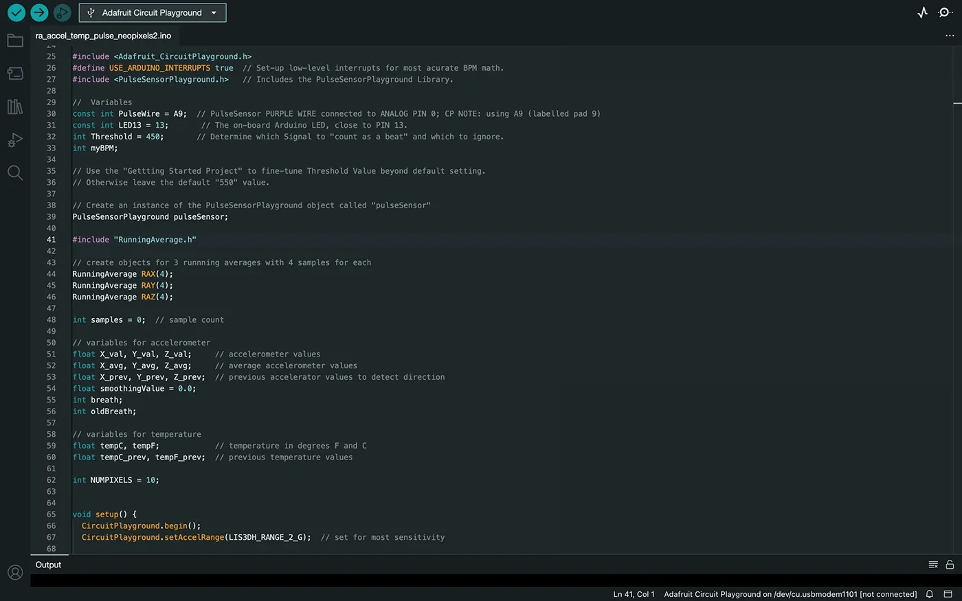 Arduino code setting up pulse, accelerometer and temperature readings