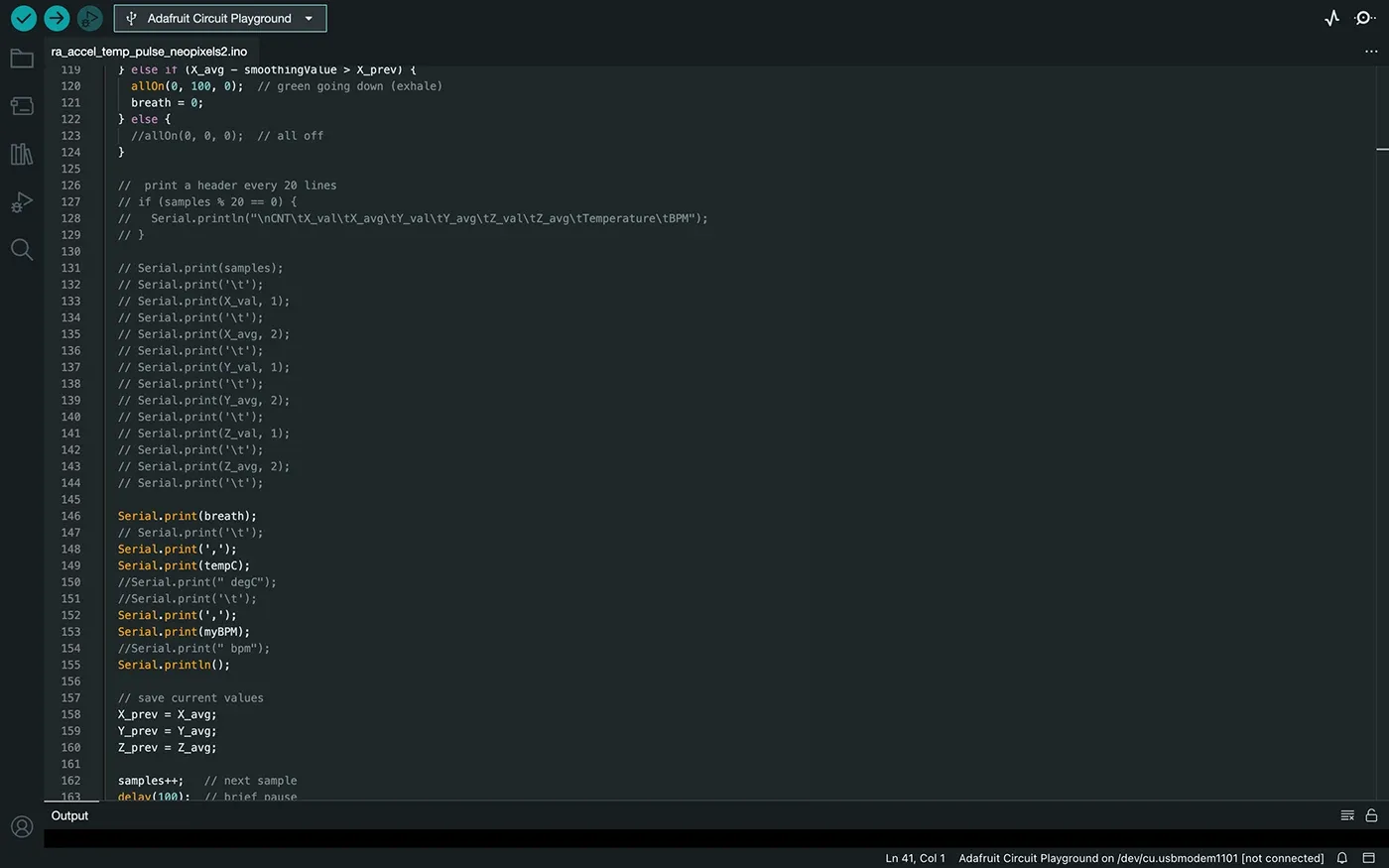 Arduino code printing sensor values to serial