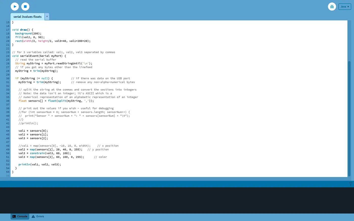 Processing sketch reading serial sensor data