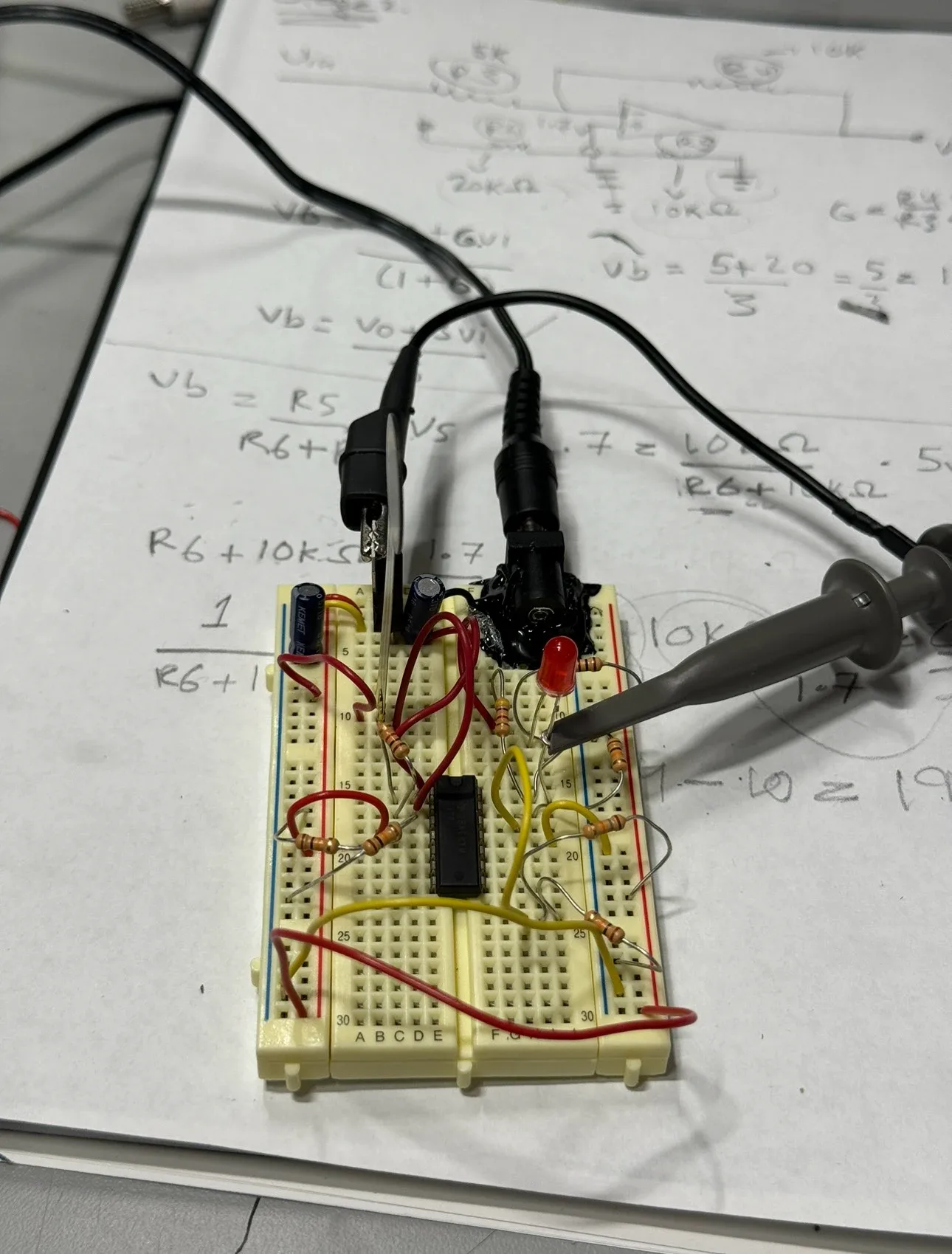 Probing a breadboard circuit over handwritten calculations