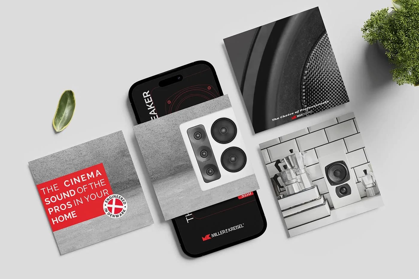 MK Sound posts with red headline, speaker close-ups and a phone story mockup