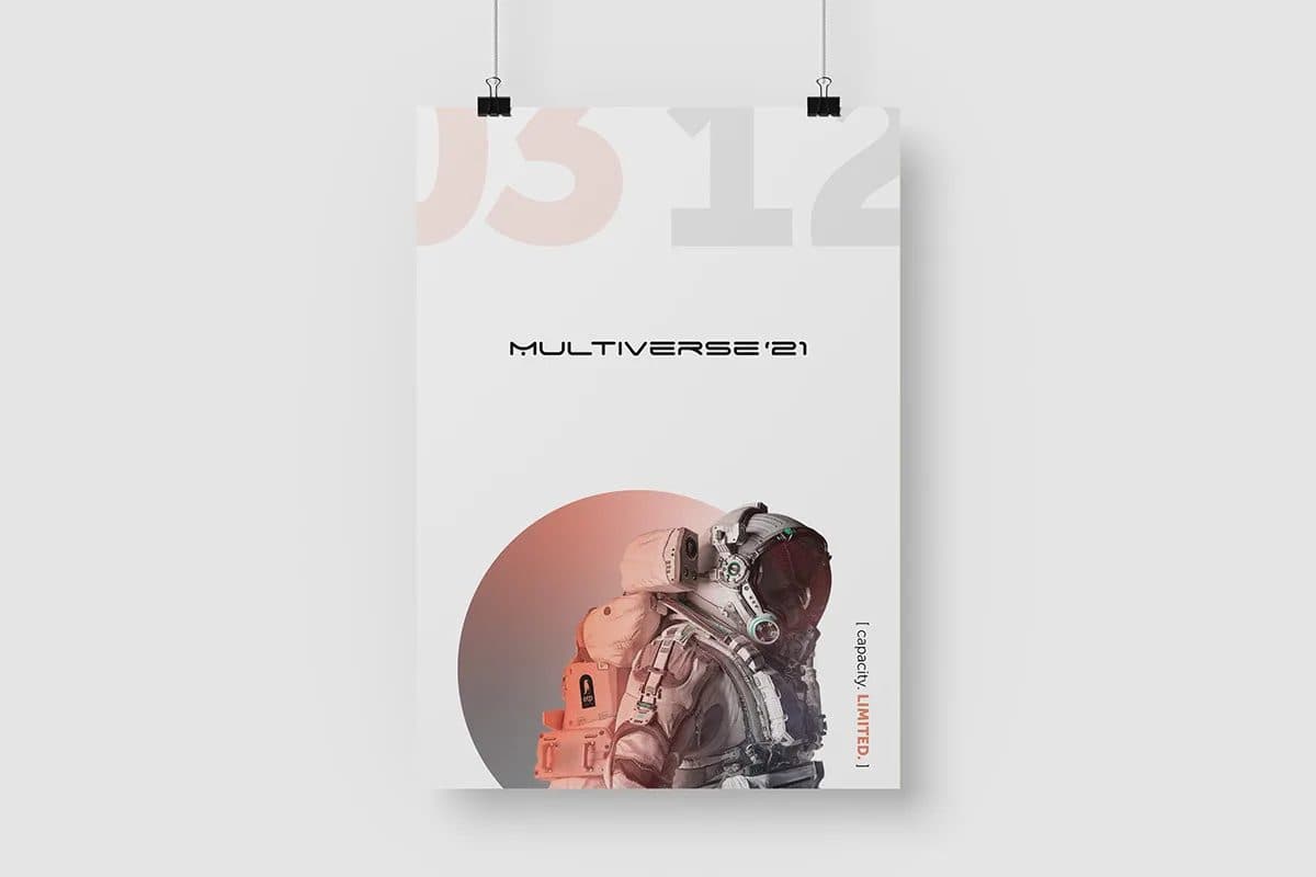 The MultiVerse '21 announce poster hanging from two clips: 03 12 ghosted across the top, the wordmark centred, and an astronaut inside a terracotta circle beside a vertical capacity limited line