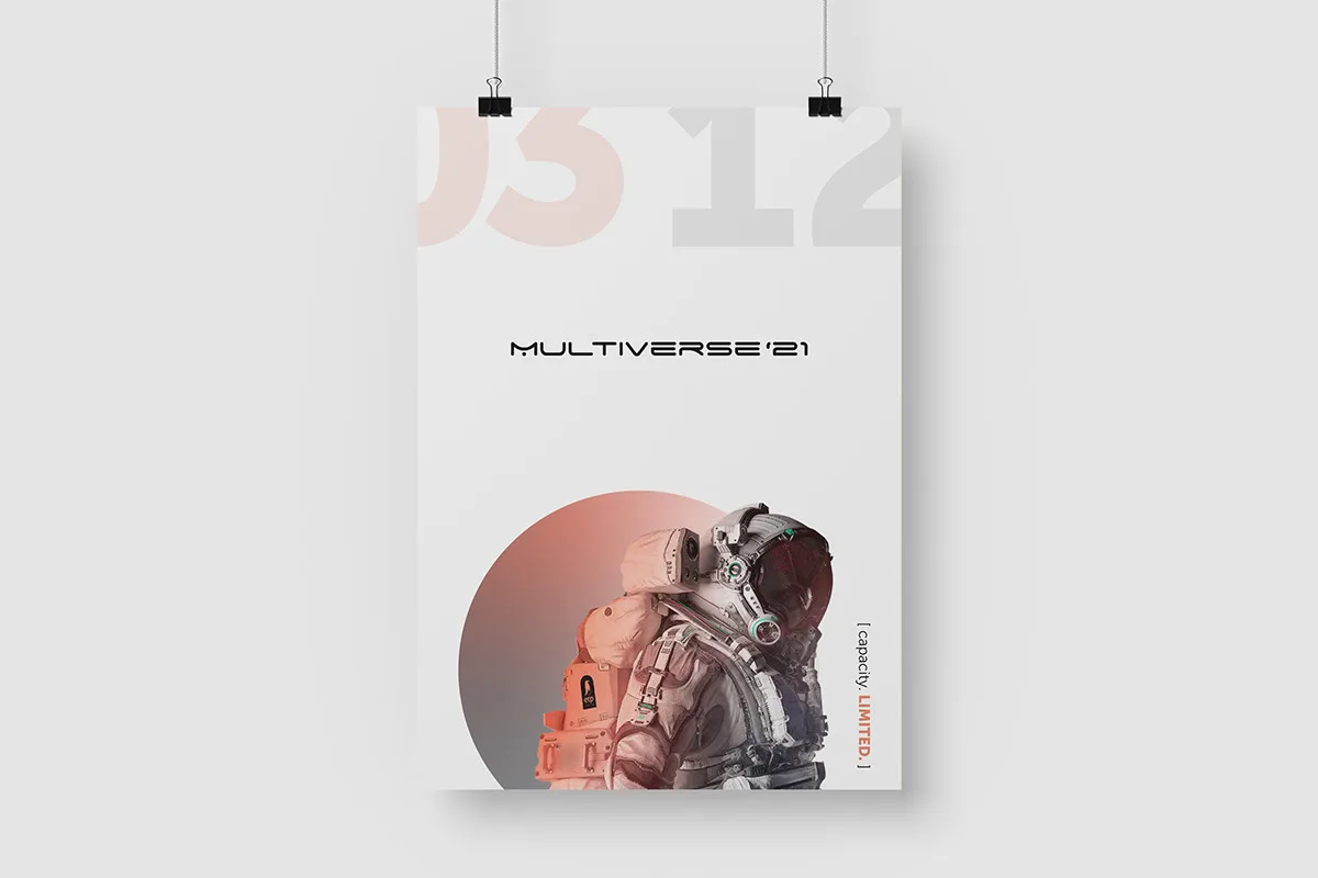 The announce poster: 03 12 ghosted across the top, the MultiVerse '21 wordmark centred, an astronaut inside a terracotta circle