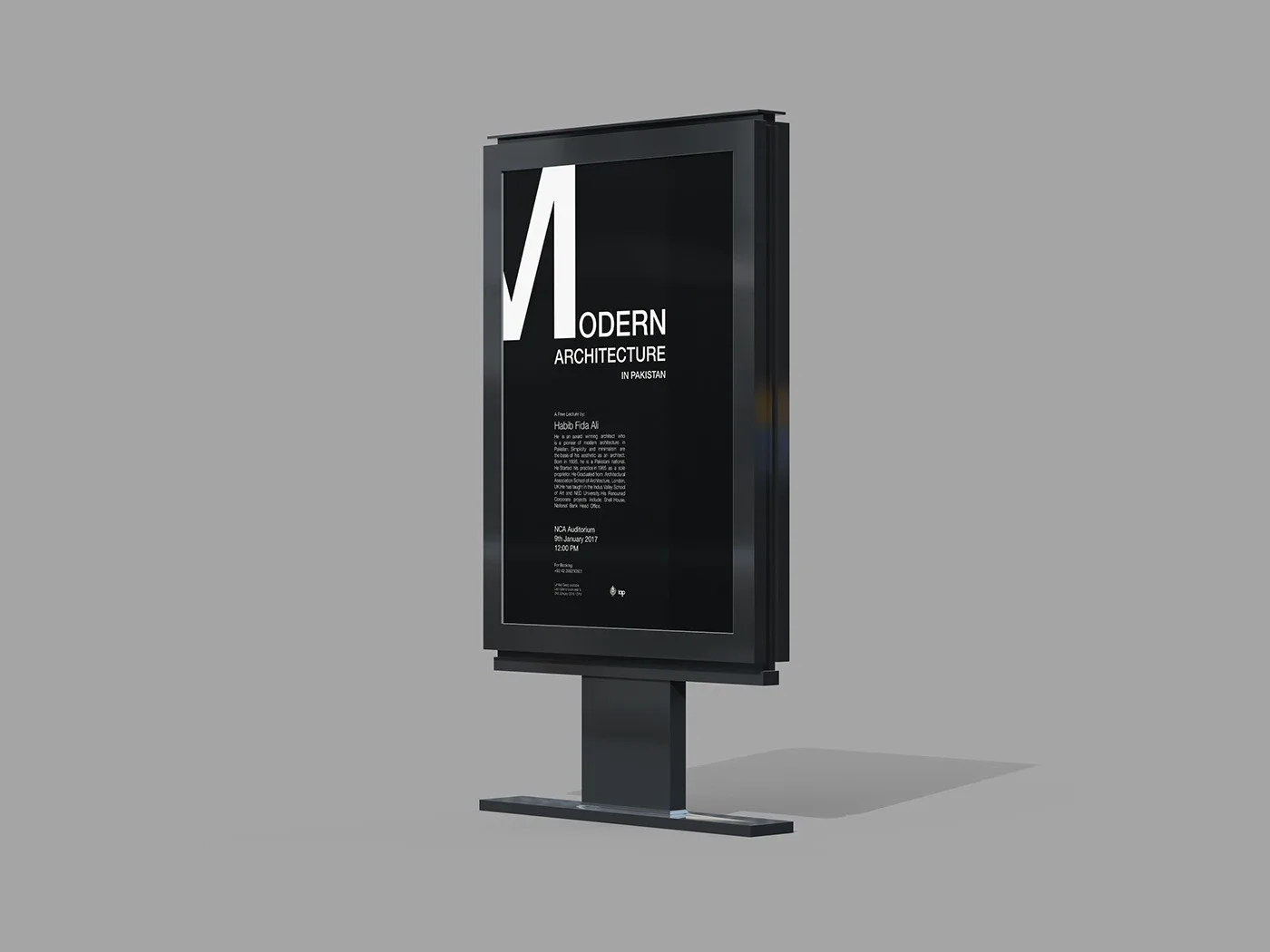 Black lecture poster with a cropped white M on a freestanding display stand