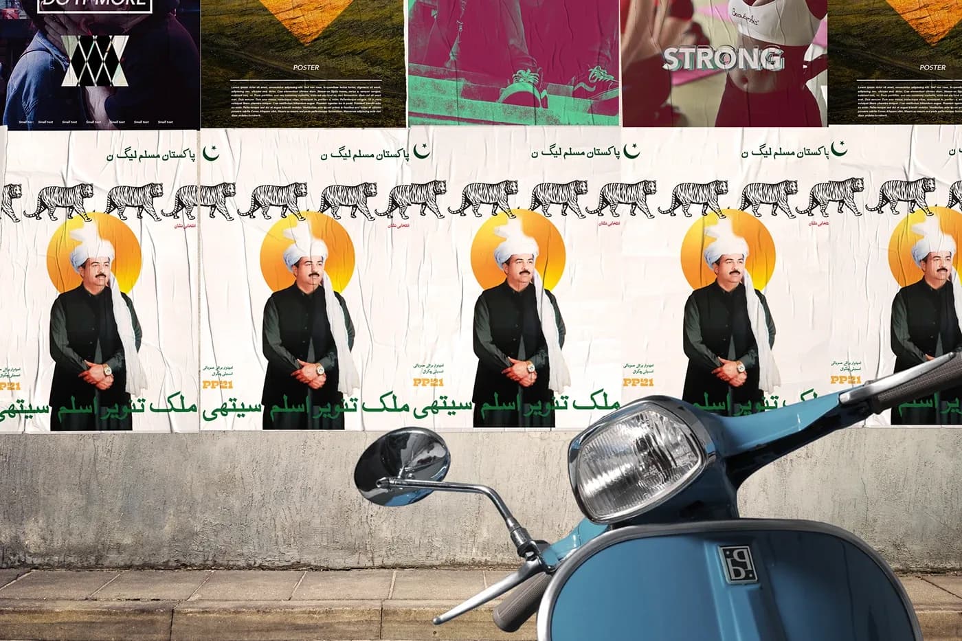 Repeated campaign posters pasted on a street wall behind a blue scooter