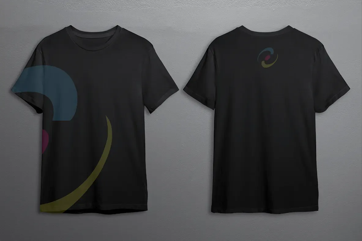 Black branded t-shirts, front and back