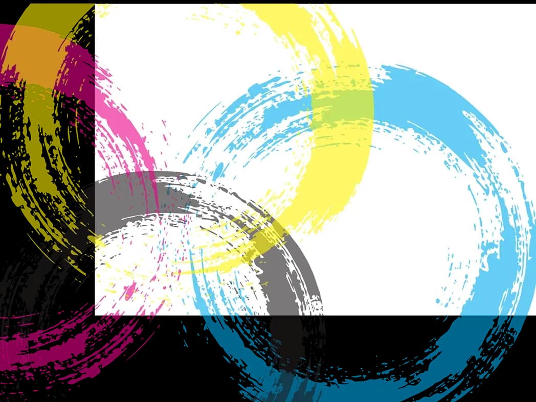 Brand artwork built from magenta, cyan and yellow brush marks