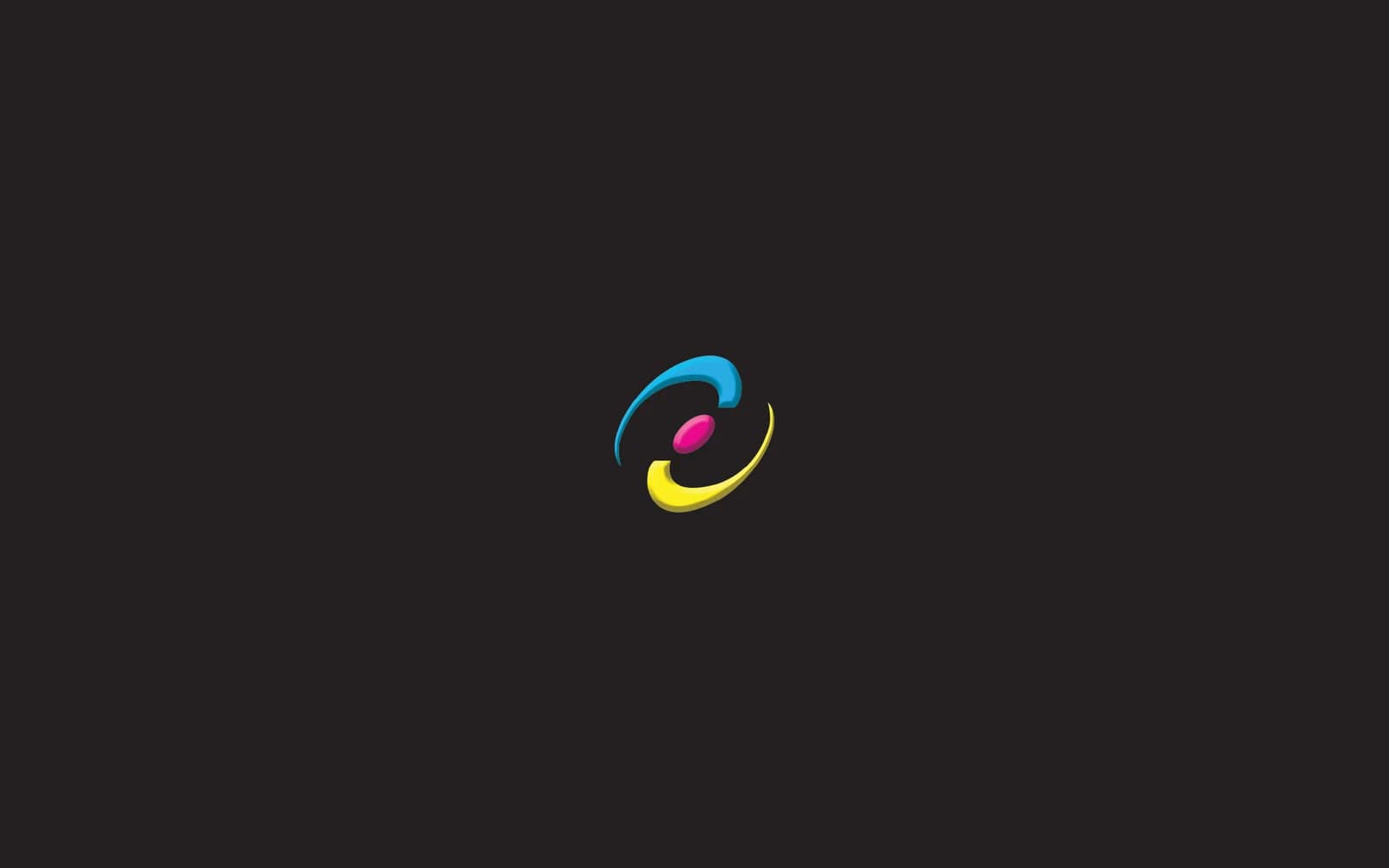 The PrintVision mark centred on a charcoal background: a cyan arc above, a yellow arc below and a small magenta oval between them, the CMYK process colours as a logo