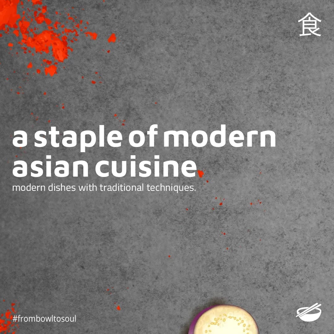 Grey concrete post reading 'a staple of modern asian cuisine' with red spice splash