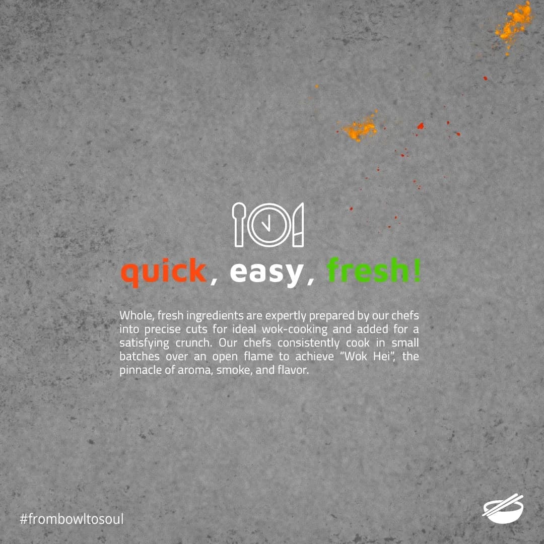 Post reading 'quick, easy, fresh!' with plate-clock icon and wok hei description