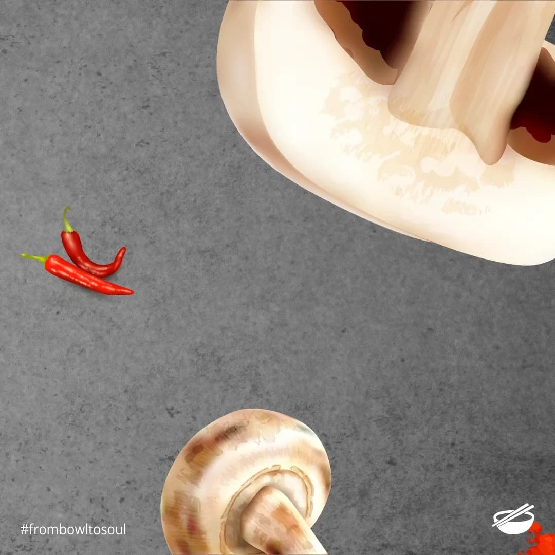 Illustrated mushrooms and red chilies on grey concrete background