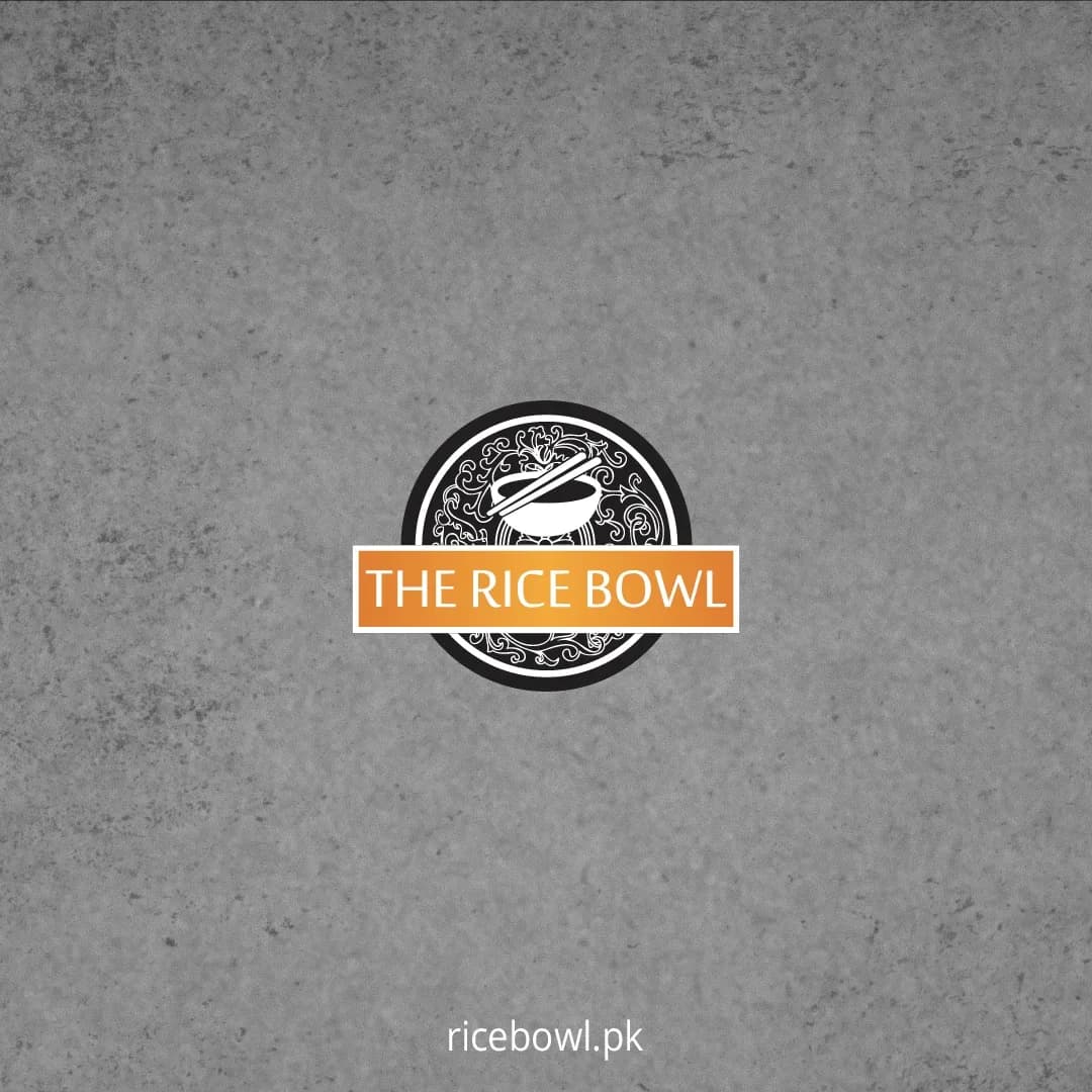 The Rice Bowl circular logo centered on grey concrete with ricebowl.pk
