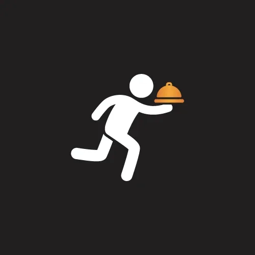 White running waiter carrying an orange cloche on charcoal