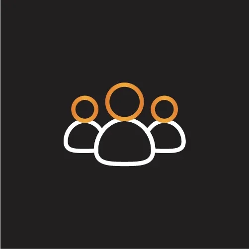 Three people outline icon in white and orange