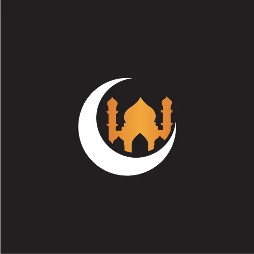 White crescent moon wrapped around an orange mosque silhouette