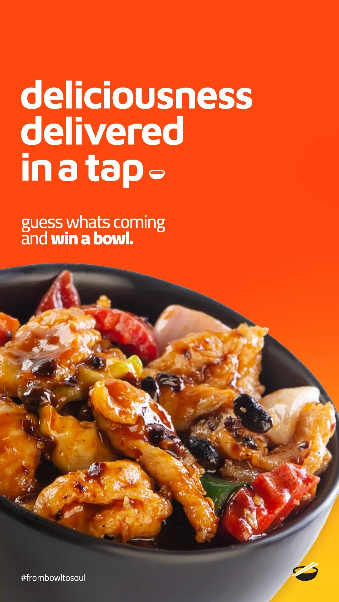 "Deliciousness delivered in a tap" story over a bowl of chicken stir-fry