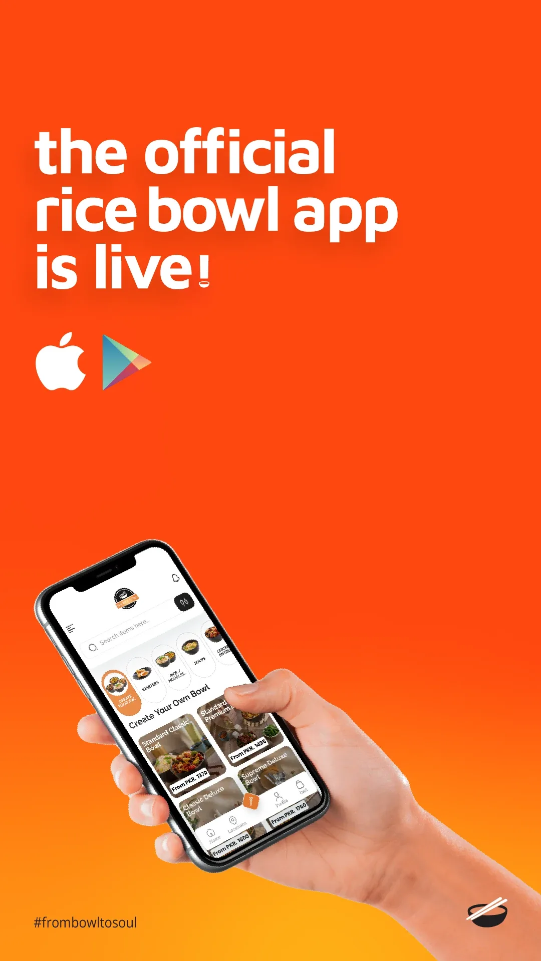 Hand holding a phone with the Rice Bowl app on orange