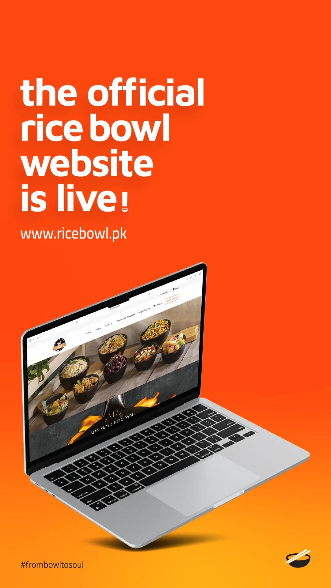 Laptop showing the ricebowl.pk website on an orange gradient