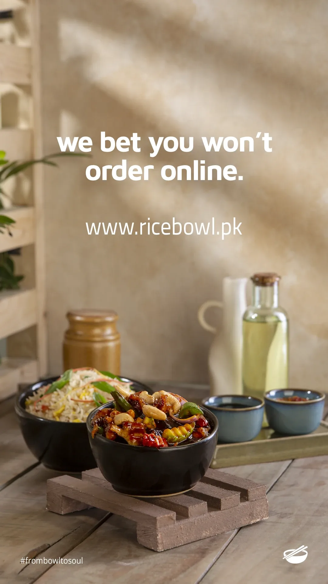 "We bet you won't order online" over rice and cashew chicken bowls