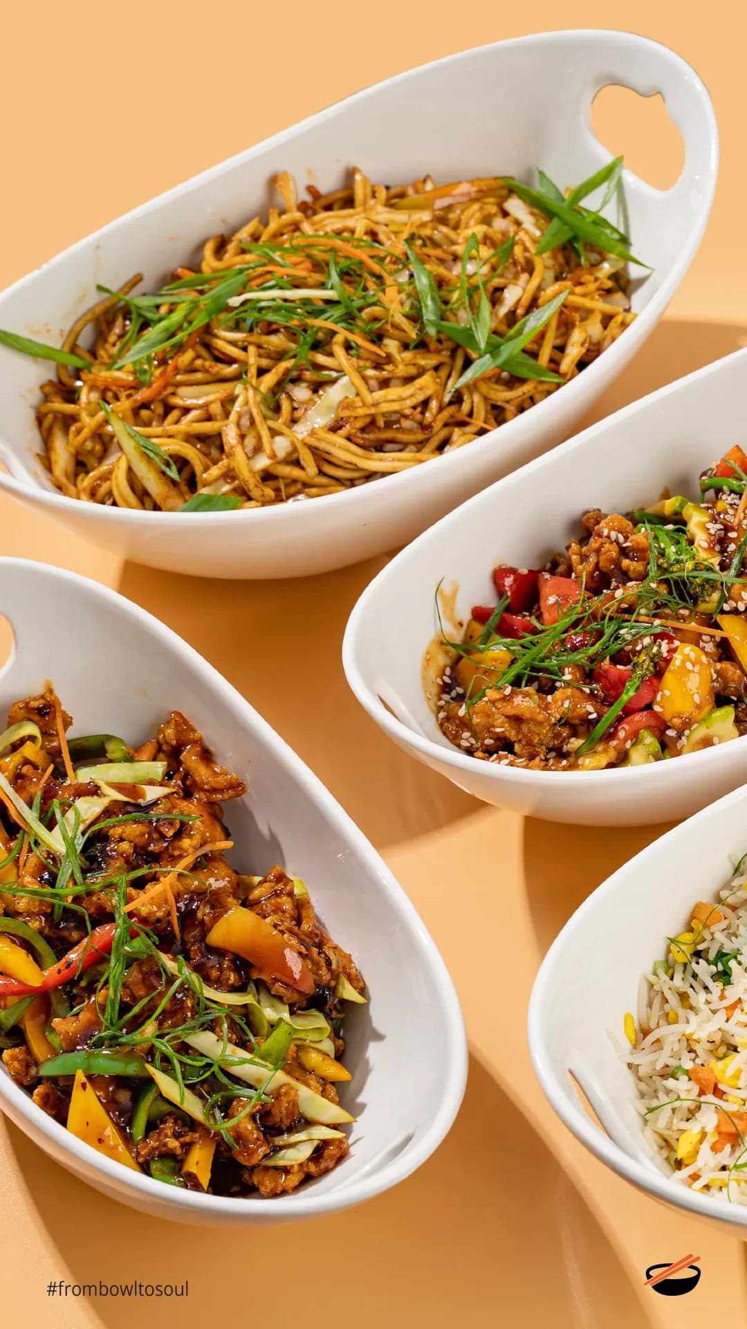 Four white bowls of noodles, stir-fry and fried rice on peach