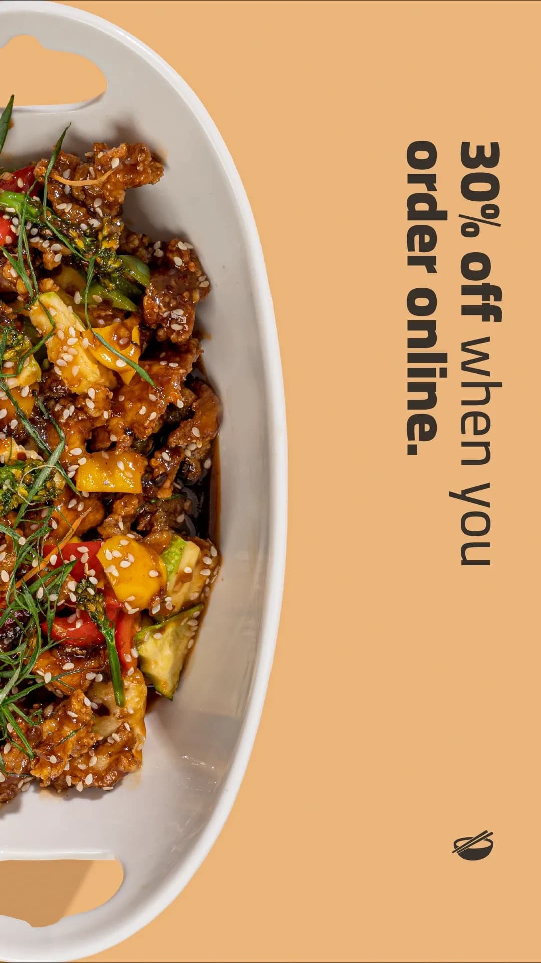 "30% off when you order online" beside a sesame stir-fry dish