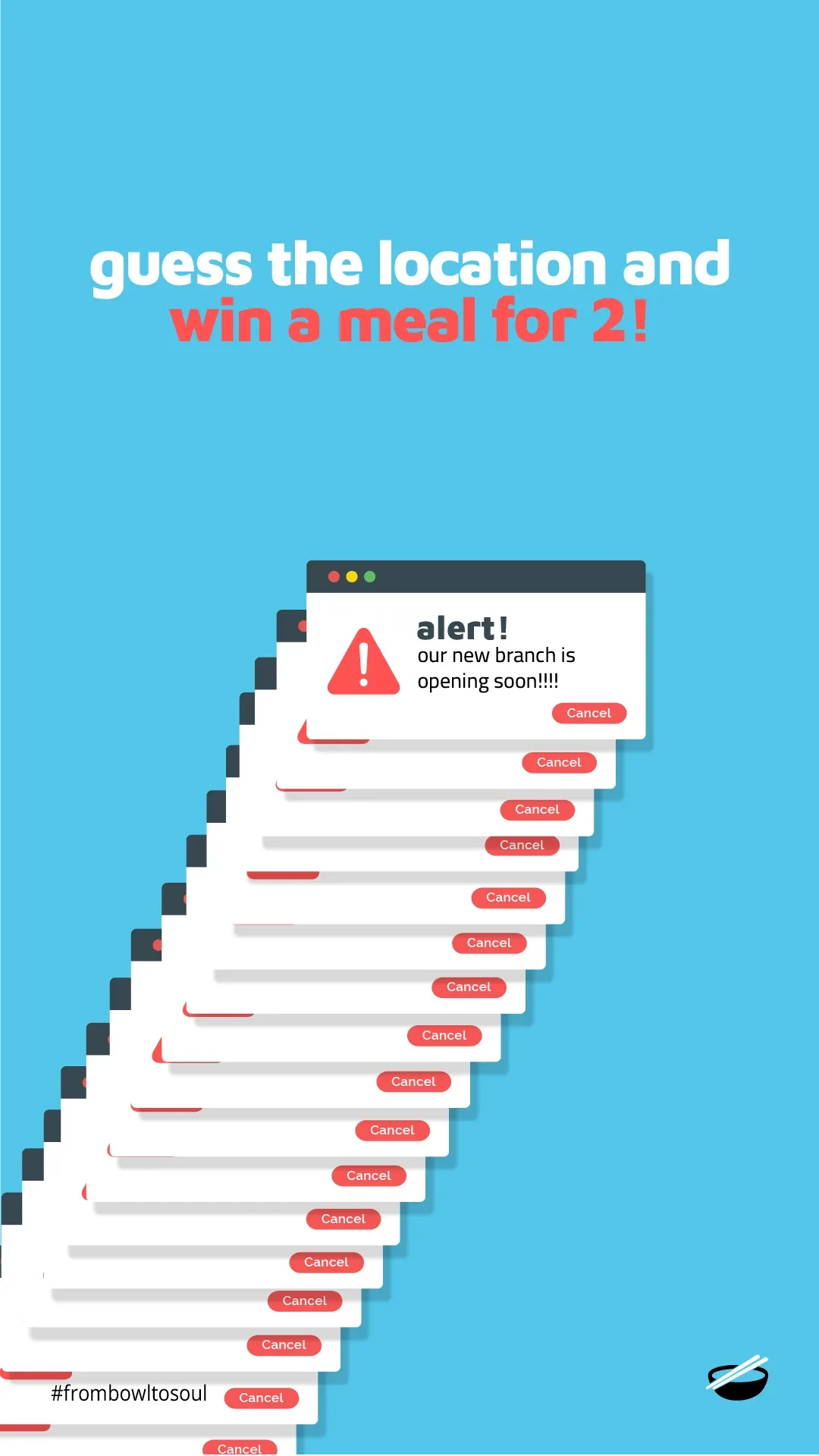 Stacked alert windows teasing a new branch with a win-a-meal contest