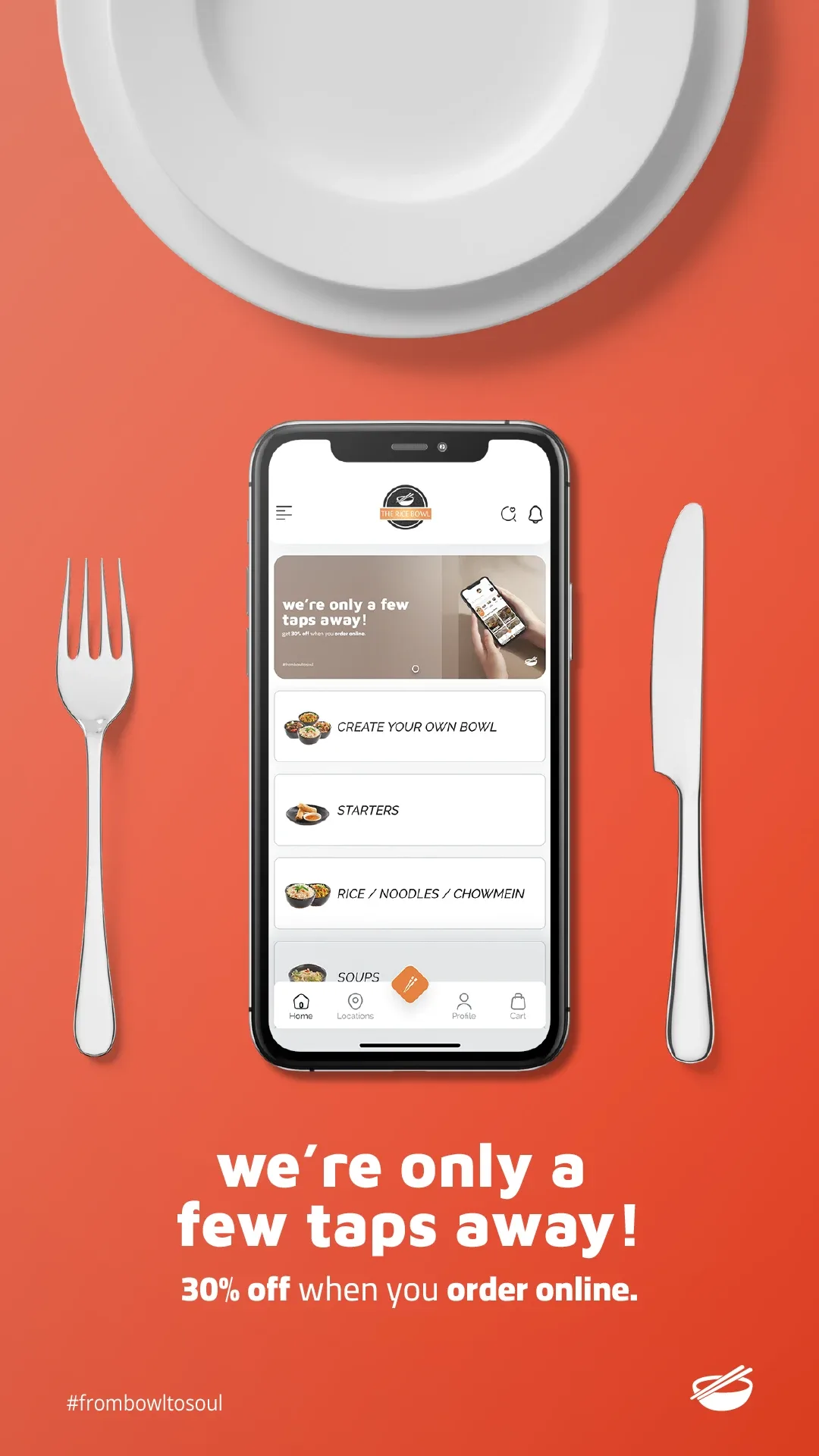 Phone showing the Rice Bowl app between a fork and knife