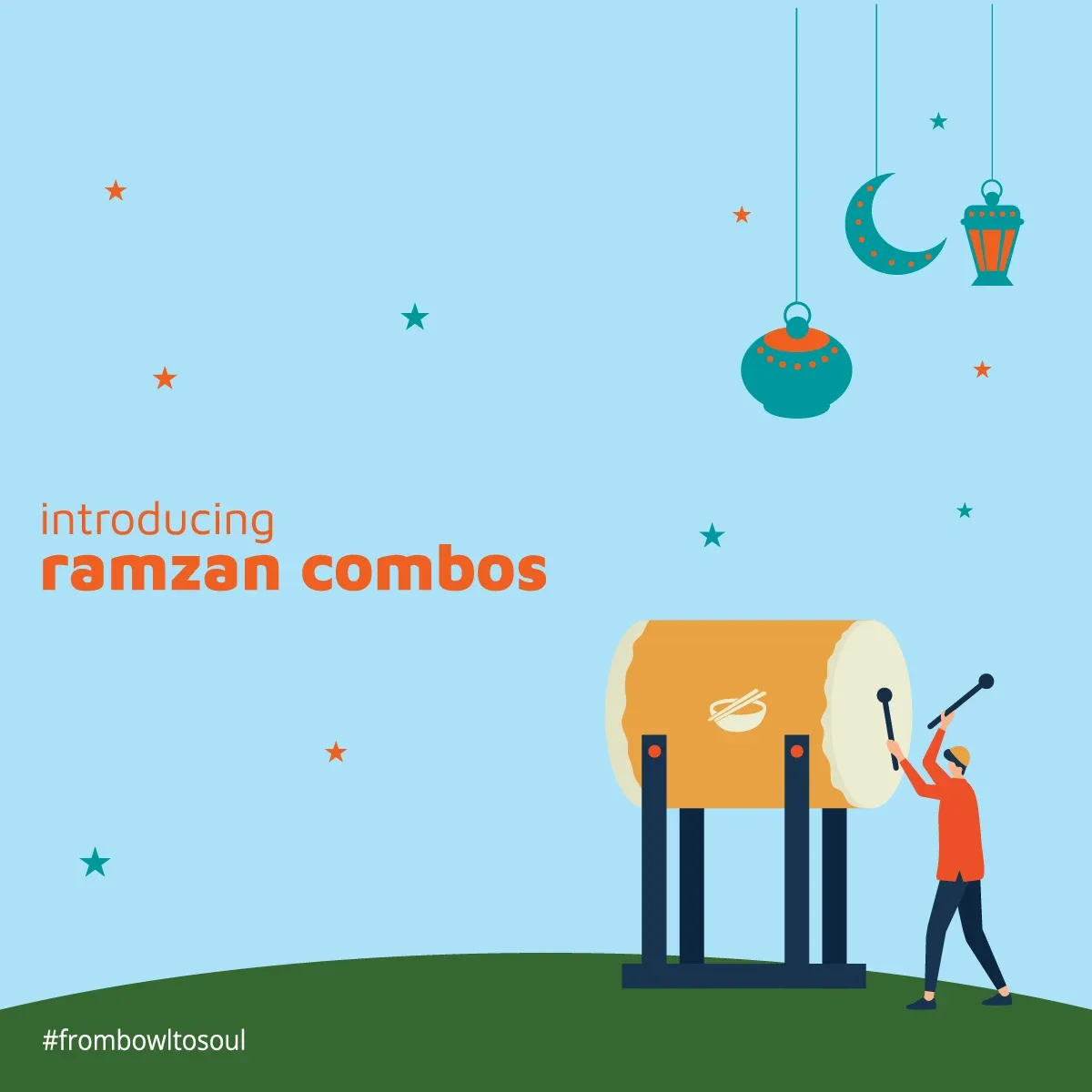 "Introducing ramzan combos" illustration with lanterns and a drummer