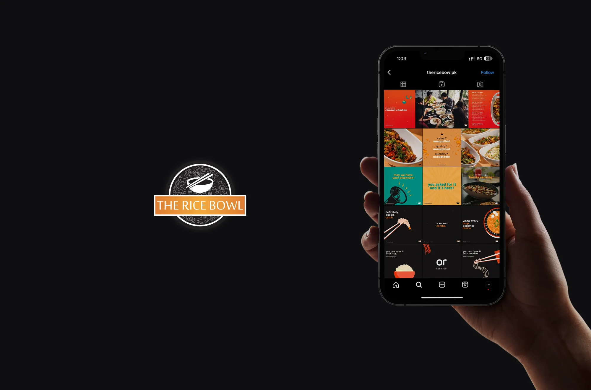 The Rice Bowl logo beside phone showing colorful Instagram grid of promos and illustrations