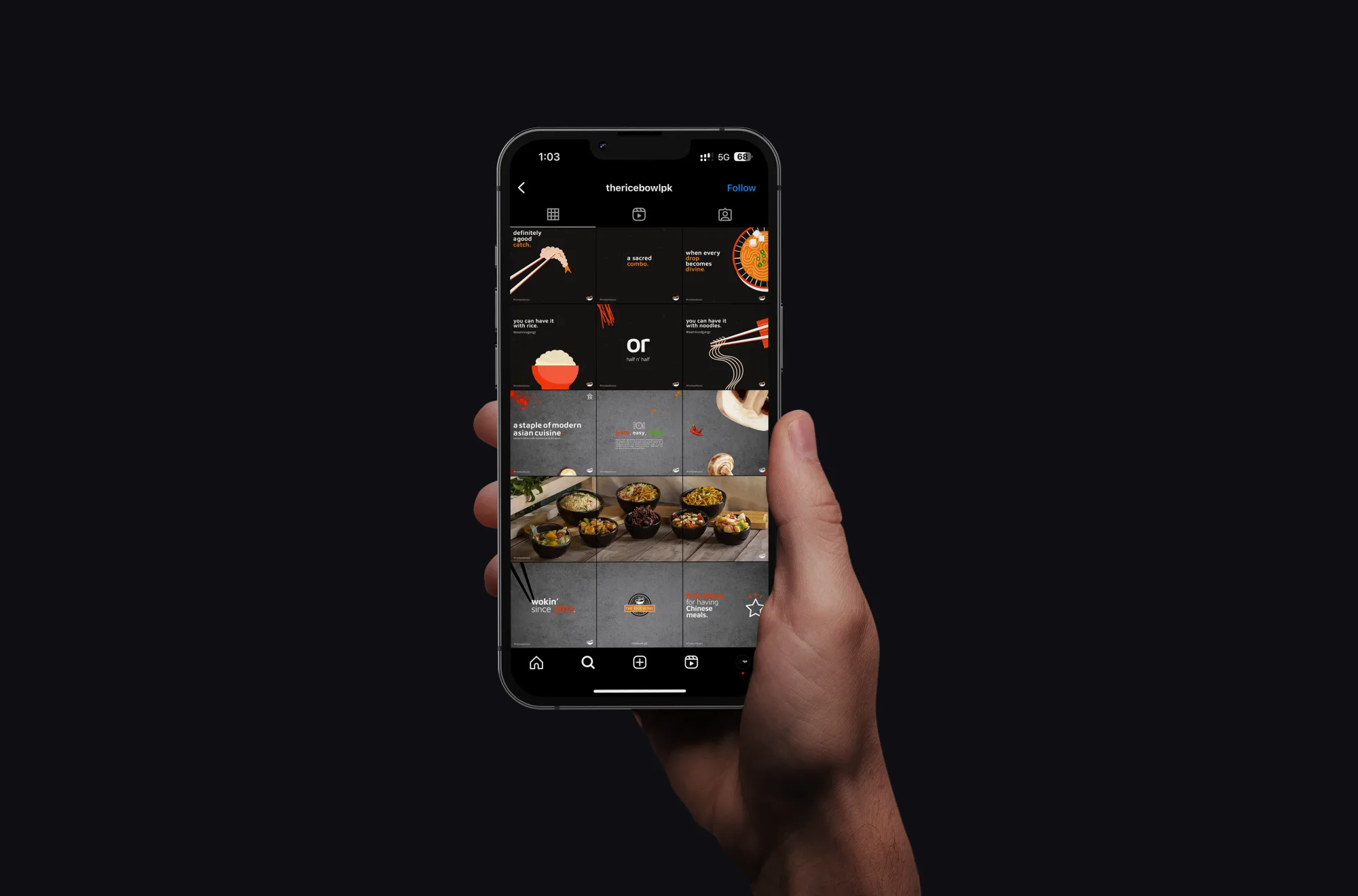 Phone showing black illustrated tiles, grey concrete posts and food photo row