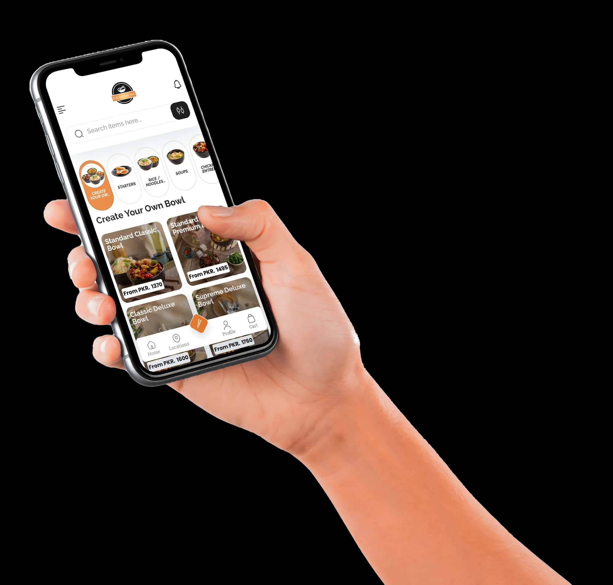 Hand holding a phone showing The Rice Bowl's Create Your Own Bowl menu
