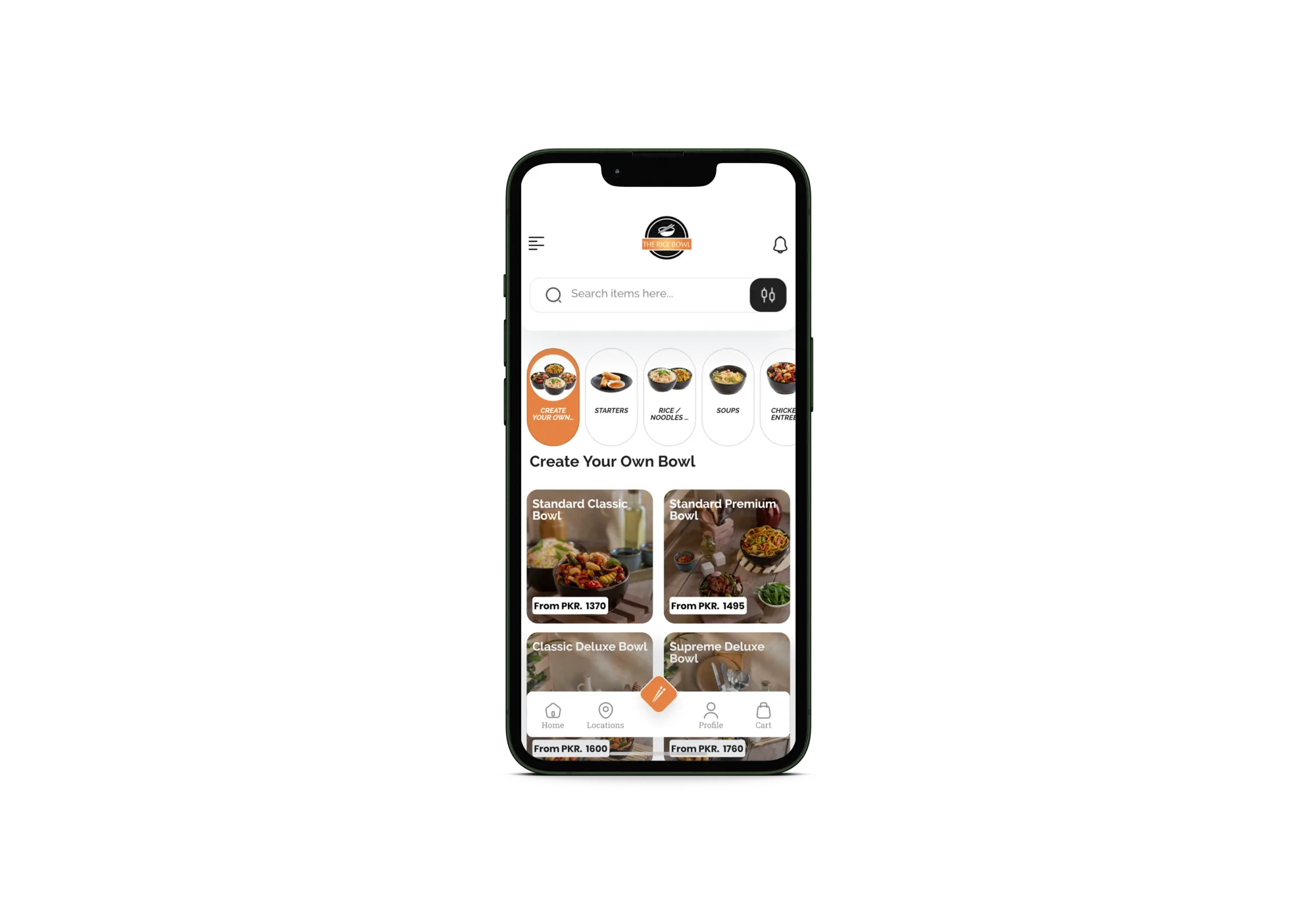 Phone mockup of The Rice Bowl mobile ordering menu
