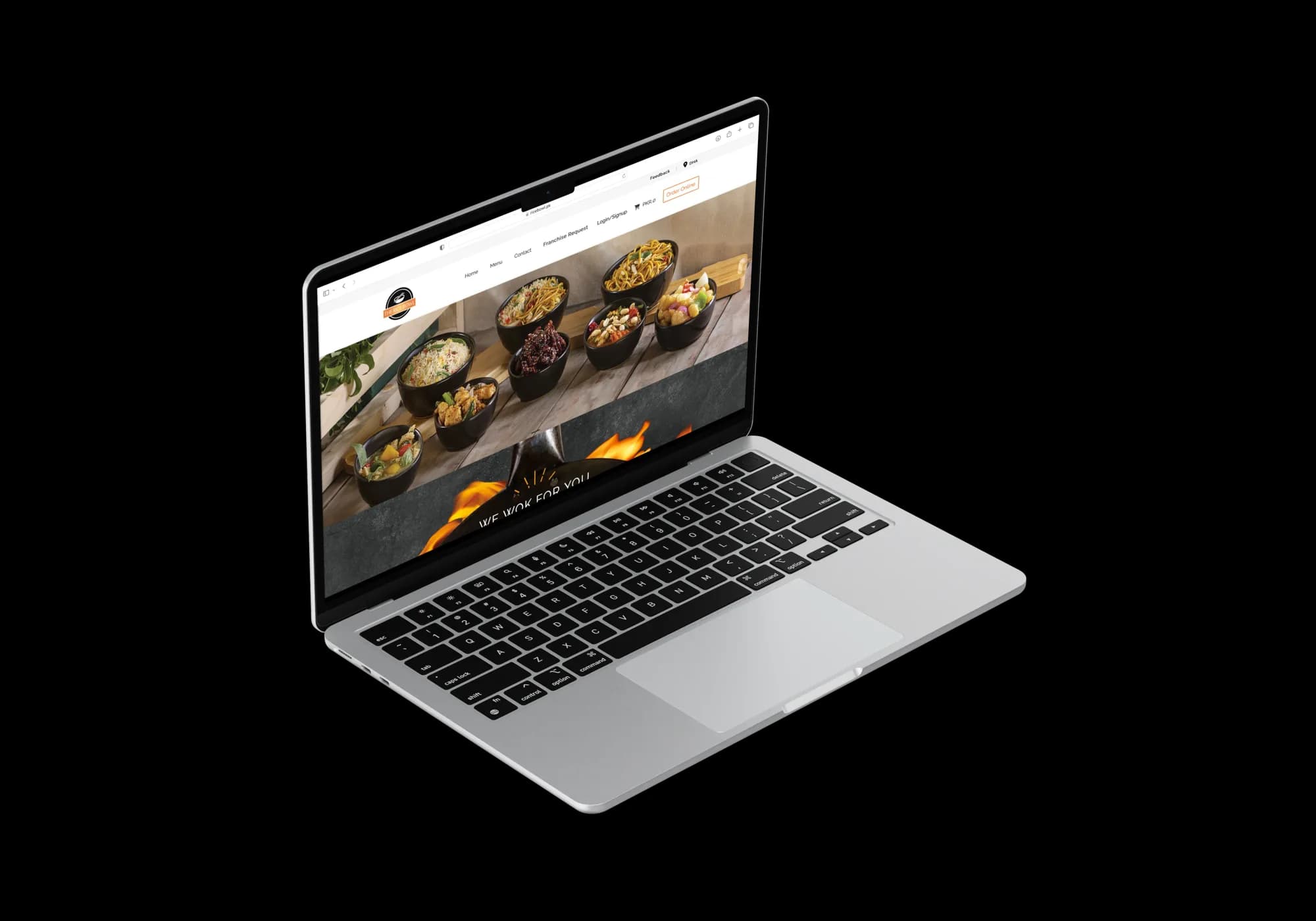 Laptop mockup of The Rice Bowl website with food hero image